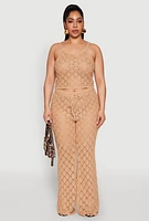 Womens Plus Size Crochet Diamond Knit Cami, Beige, Size 3X