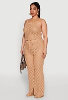 Womens Plus Size Crochet Diamond Knit Cami, Beige, Size 2X