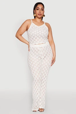Womens Plus Size Crochet Diamond Knit Pants, White, Size 1X