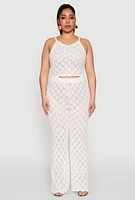 Womens Plus Size Crochet Diamond Knit Pants, White, Size 1X
