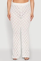 Womens Plus Size Crochet Diamond Knit Pants, White, Size 1X