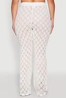 Womens Plus Size Crochet Diamond Knit Pants, White, Size 1X