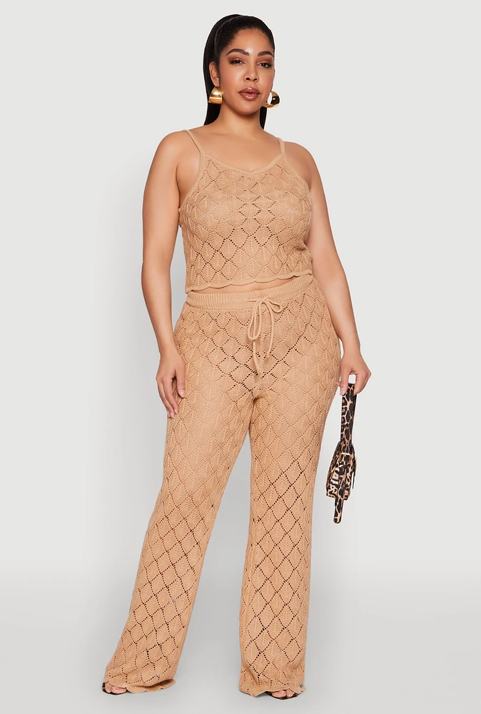 Womens Plus Size Crochet Diamond Knit Pants, Beige, Size 1X