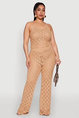 Womens Plus Size Crochet Diamond Knit Pants, Beige, Size 1X