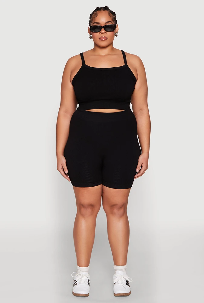 Womens Plus Seamless Rib Knit Cami and Biker Shorts, 2X-3X