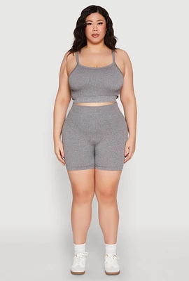 Womens Plus Size Seamless Rib Knit Cami and Biker Shorts, Grey, Size 1X-2X