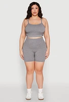 Womens Plus Size Seamless Rib Knit Cami and Biker Shorts, Grey, Size 1X-2X