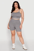 Womens Plus Size Seamless Rib Knit Cami and Biker Shorts, Grey, Size 1X-2X