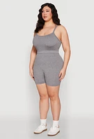Womens Plus Size Seamless Rib Knit Cami and Biker Shorts, Grey, Size 1X-2X