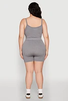 Womens Plus Size Seamless Rib Knit Cami and Biker Shorts, Grey, Size 1X-2X