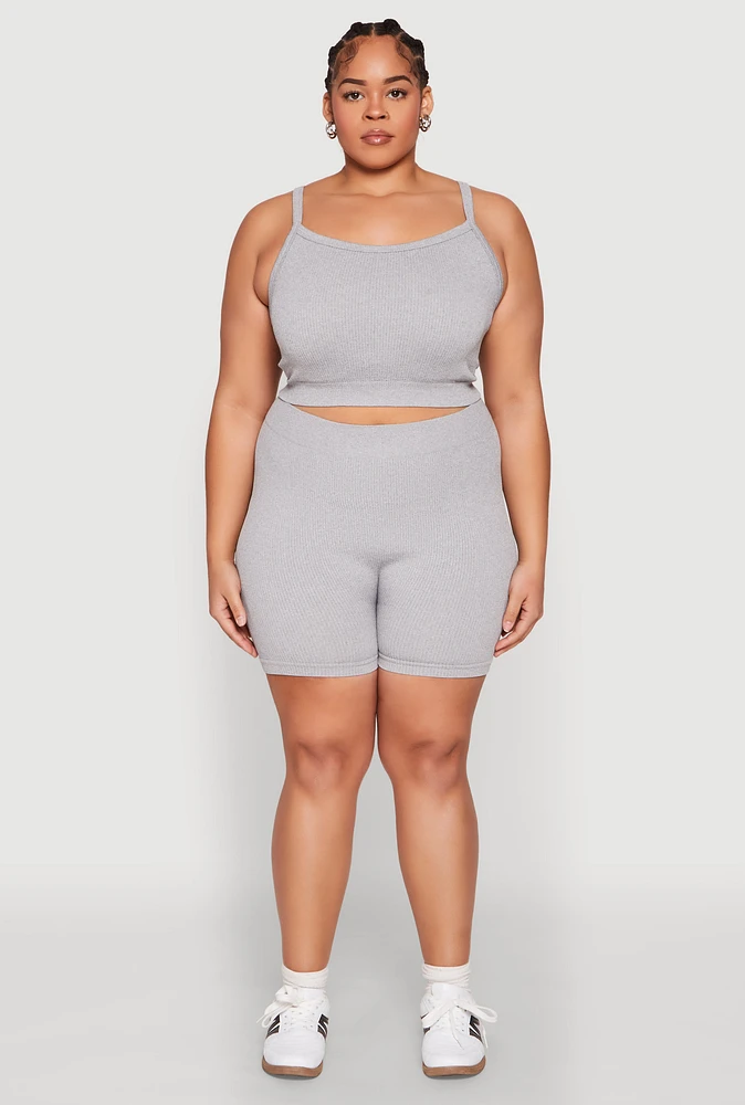 Womens Plus Size Seamless Rib Knit Cami and Biker Shorts, Grey, Size 2X-3X