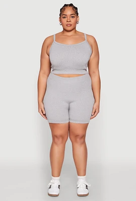 Womens Plus Size Seamless Rib Knit Cami and Biker Shorts, Grey, Size 2X-3X