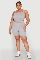 Womens Plus Size Seamless Rib Knit Cami and Biker Shorts, Grey, Size 2X-3X