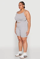 Womens Plus Size Seamless Rib Knit Cami and Biker Shorts, Grey, Size 2X-3X