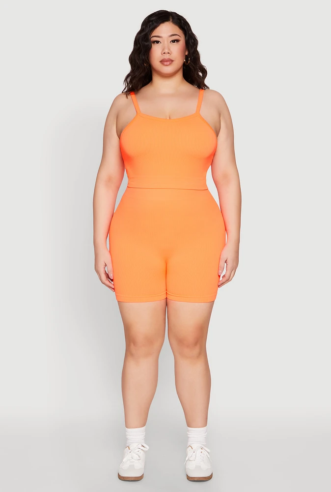 Womens Plus Size Seamless Rib Knit Cami and Biker Shorts, Orange, Size 1X-2X