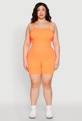 Womens Plus Size Seamless Rib Knit Cami and Biker Shorts, Orange, Size 1X-2X