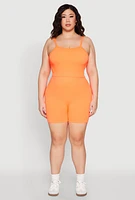Womens Plus Size Seamless Rib Knit Cami and Biker Shorts, Orange, Size 1X-2X