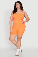 Womens Plus Size Seamless Rib Knit Cami and Biker Shorts, Orange, Size 1X-2X