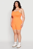 Womens Plus Size Seamless Rib Knit Cami and Biker Shorts, Orange, Size 1X-2X