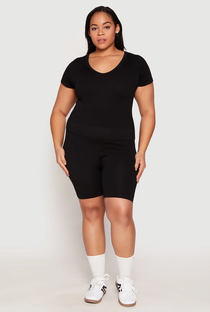 Womens Plus Size Seamless V Neck Top and Biker Shorts Set, Black, Size 1X-2X