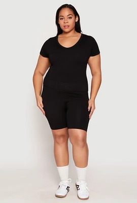 Womens Plus Size Seamless V Neck Top and Biker Shorts Set, Black, Size 1X-2X