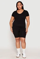 Womens Plus Size Seamless V Neck Top and Biker Shorts Set, Black, Size 1X-2X