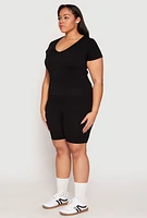 Womens Plus Size Seamless V Neck Top and Biker Shorts Set, Black, Size 1X-2X