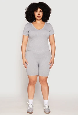 Womens Plus Size Seamless V Neck Top and Biker Shorts Set, Grey, Size 2X-3X