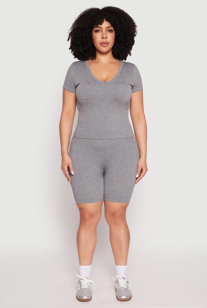 Womens Plus Size Seamless V Neck Top and Biker Shorts Set, Grey, Size 1X-2X