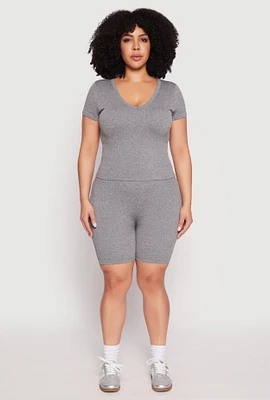 Womens Plus Size Seamless V Neck Top and Biker Shorts Set, Grey, Size 1X-2X