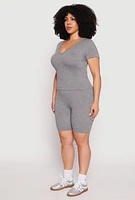 Womens Plus Size Seamless V Neck Top and Biker Shorts Set, Grey, Size 1X-2X