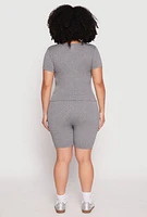 Womens Plus Size Seamless V Neck Top and Biker Shorts Set, Grey, Size 1X-2X