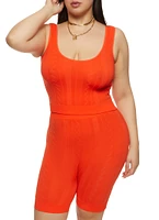 Womens Plus Size Textured Knit Cropped Tank Top and Biker Shorts Set, Orange, Size 2X