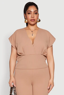 Womens Plus Size Faux Wrap Top, Beige, Size 2X