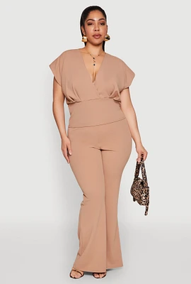 Womens Plus High Waisted Flared Pants, Khaki,
