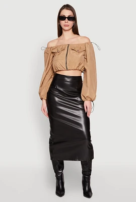 Womens Poplin Zip Front Toggle Drawstring Crop Top, Beige,