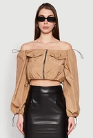 Womens Poplin Zip Front Toggle Drawstring Crop Top, Beige,