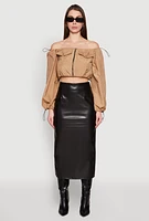 Womens Poplin Zip Front Toggle Drawstring Crop Top, Beige,