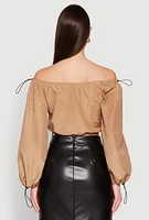 Womens Poplin Zip Front Toggle Drawstring Crop Top, Beige,
