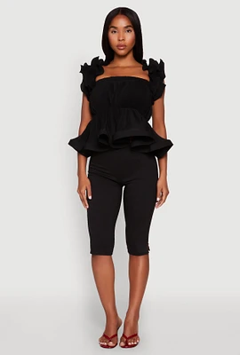 Womens Ruffle Sleeve Plisse Peplum Top,