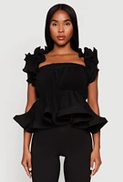 Womens Ruffle Sleeve Plisse Peplum Top,