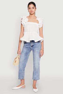 Womens Ruffle Sleeve Plisse Peplum Top, White, Size S