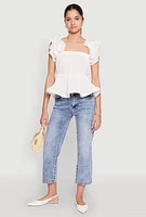Womens Ruffle Sleeve Plisse Peplum Top, White, Size S