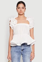 Womens Ruffle Sleeve Plisse Peplum Top, White, Size S