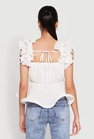 Womens Ruffle Sleeve Plisse Peplum Top, White, Size S