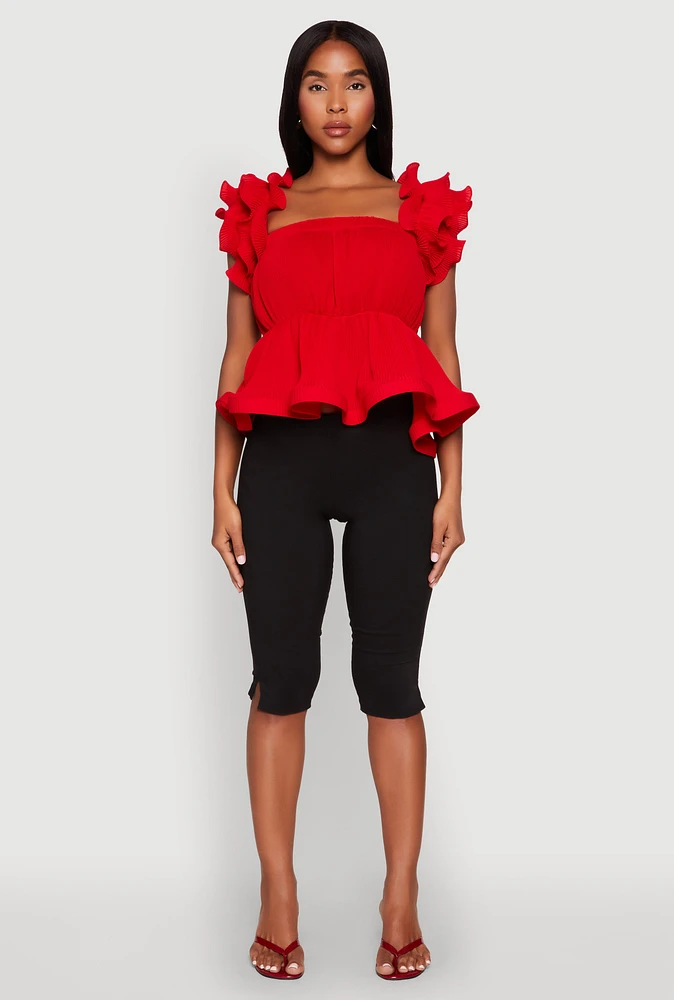 Womens Ruffle Sleeve Plisse Peplum Top, Red, Size XL