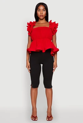 Womens Ruffle Sleeve Plisse Peplum Top, Red, Size XL