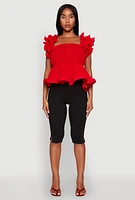 Womens Ruffle Sleeve Plisse Peplum Top, Red, Size XL
