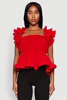 Womens Ruffle Sleeve Plisse Peplum Top, Red, Size XL