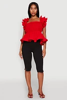 Womens Ruffle Sleeve Plisse Peplum Top, Red, Size XL